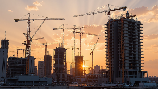 Modern Chinese cityscape with high-rise buildings and construction sites, urban development view