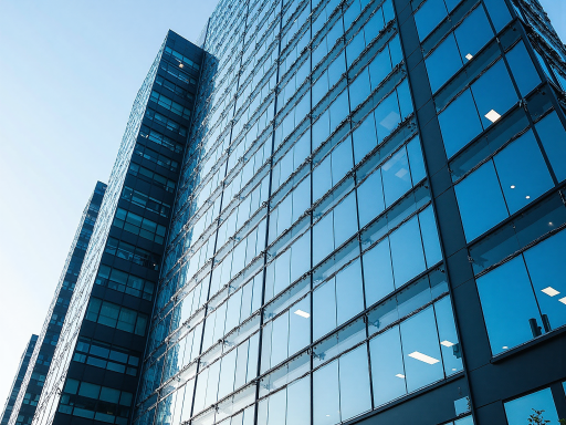 Corporate headquarters building with modern architecture and glass facade, professional business environment