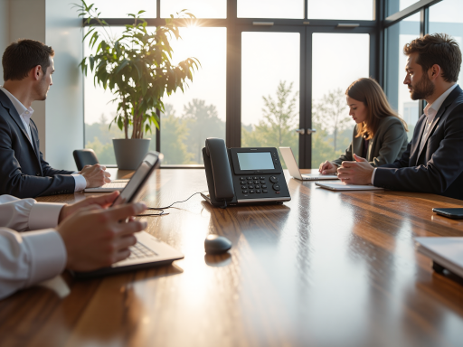 Professional business team in modern office setting, corporate meeting environment