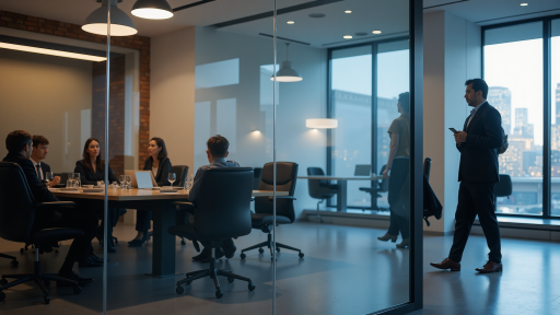 Corporate conference room with executives presenting, professional business meeting